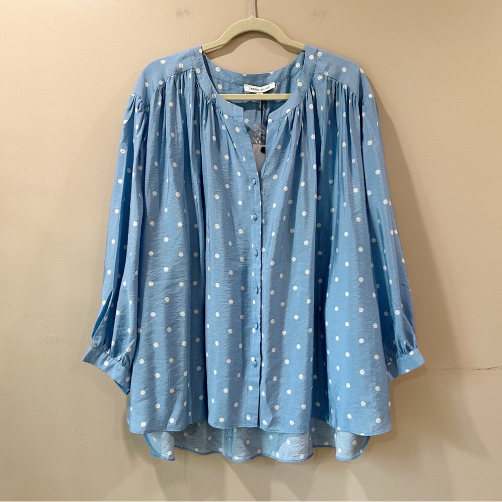 NWT Rose + Olive Blue White Polka Dot Tunic Blouse Button Up Women's Plus 1X